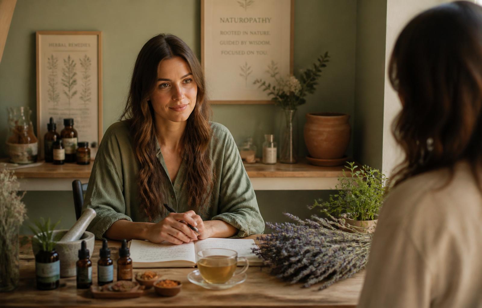 Séance de bilan de naturopathie dans un cabinet chaleureux avec plantes et huiles essentielles